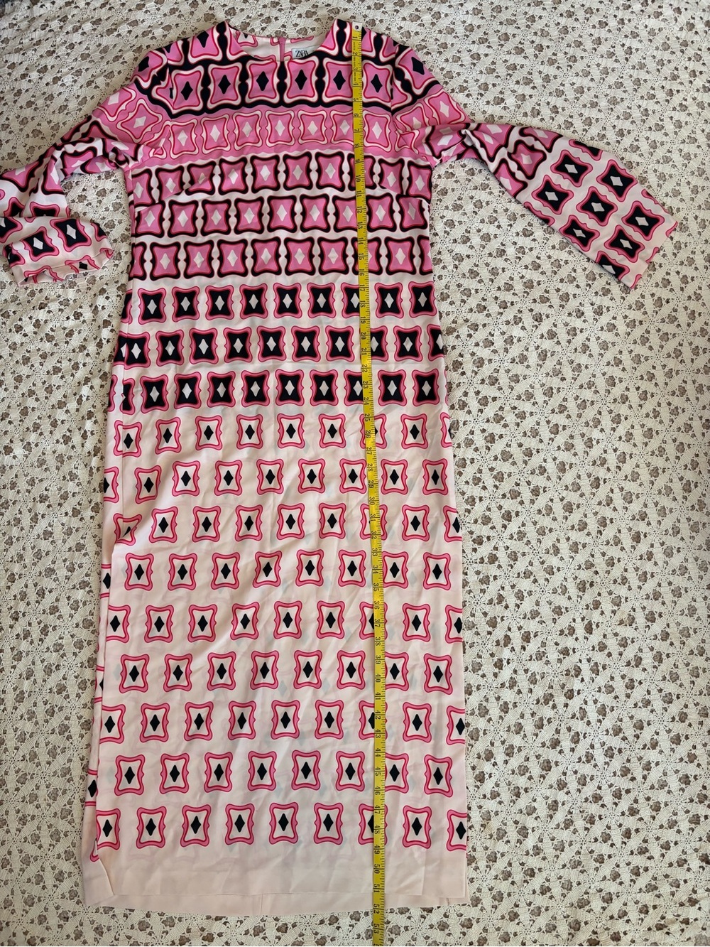 Zara Retro Geometric Print Tunic Midi Dress Pink Black Size Large NWT - Picture 10 of 10